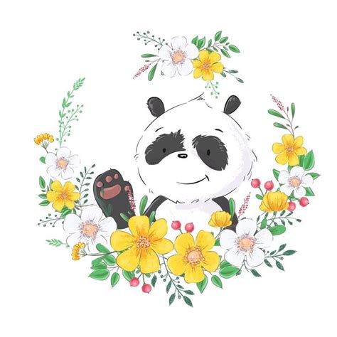 Postcard Poster Cute Little Panda In A Wreath Of Flowers Hand Drawing