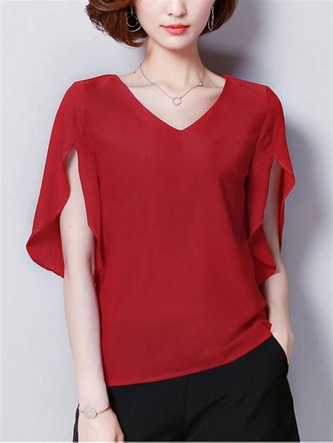 V Neck Flounce Plain Blouses Women Blouses Fashion Pretty Blouses Plain Blouse