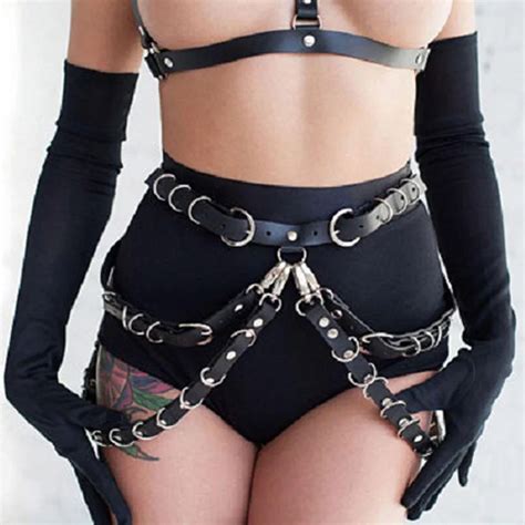 black pu leather body harness waist cincher belt goth punk d ring metal bondage suspender starps