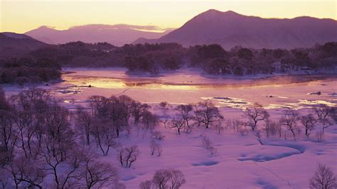 Mountains River Fukushima Sunset Japan Lscape Trees Winter