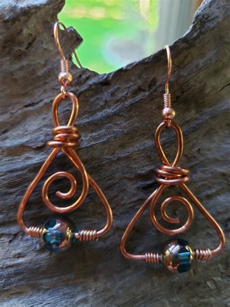 Copper Earrings Wire Tqisted Handmade Triangle Czech Glass Blue