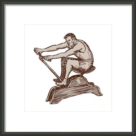 Athlete Exercising Vintage Rowing Machine Etching Framed Print By