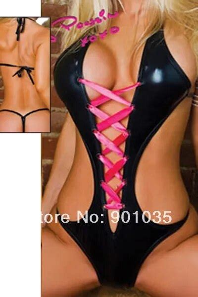 Free Shipping Sexy Lingerie Black Deep V Faux Leather Stripper Clubwear Teddy With Pink Ribbon