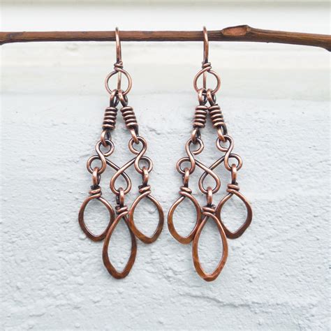 Copper Wire Wrapped Chandelier Earrings Rustic Leaf Earrings Etsy