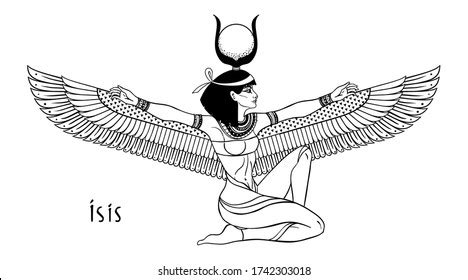 イシスはエジプト神話の生命と魔法の女神 古代エジプトの最も偉大な女神の一つで女性子ども病気の人々を保護しています 白黒の背景にベクターイラスト 翼をつけたのベクター画像素材