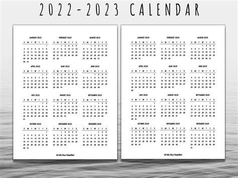 2022 2023 Printable Calendar Year At A Glance Yearly Etsy