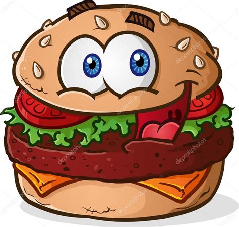 A Simple Hamburger Cheeseburger Cartoon Character With A Big Smiling