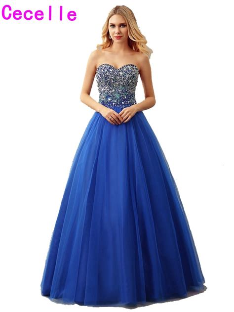 Real Royal Blue Ball Gown Tulle Prom Dress 2017 Sweetheart Floor Length Heavily Beaded Bodice
