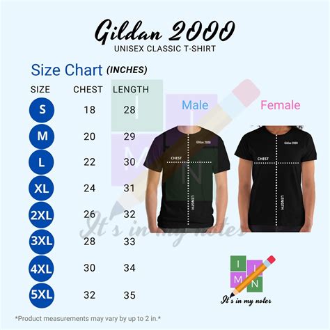 Gildan 2000 Unisex Classic T-shirt Size Chart in Inches and Cm | Etsy