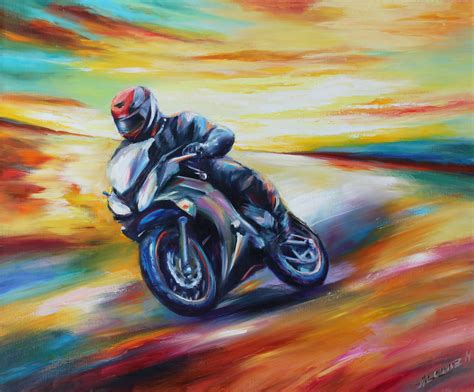 Biker Original Painting Oil On Canvas Palette Knife Motorcycle Art Wall