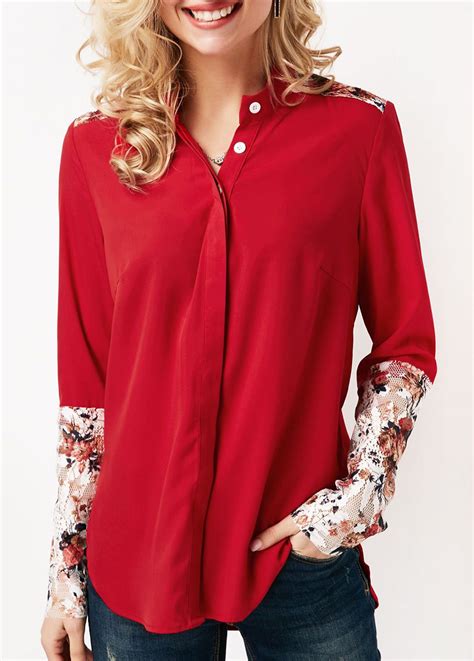 Long Sleeve Red Button Front Printed Blouse Red Blouses Shirt
