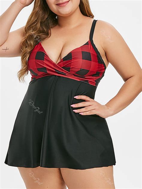 Plus Size Twisted Plaid A Line Plunge Tankini Swimsuit 25 Off Rosegal