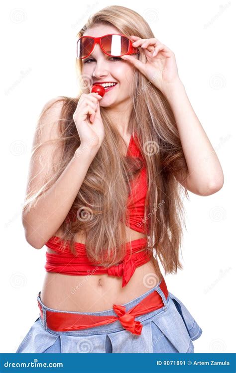 Woman In A Red Dress With The Glasses Stock Image Image Of Lipstick Hair 9071891
