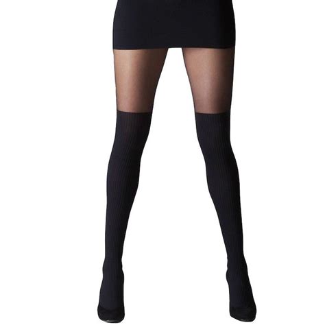 Gipsy Mock Ribbed Over Knee Tights Black Mock Stocking Tights With Sheer Thigh Mode Schwarz