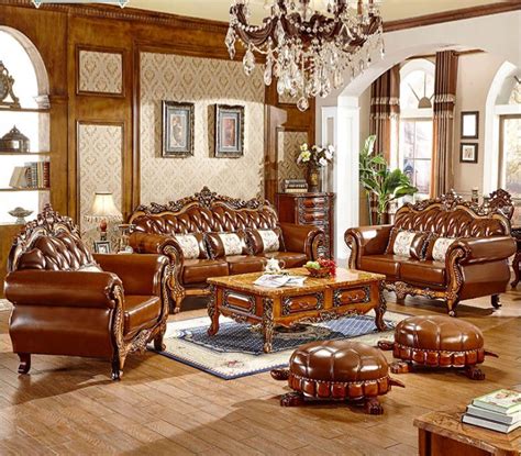 New European Leather Sofa Combination Solid Wood Carving Living Room