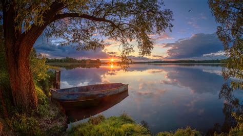 Summer Lake Willow Boat Sunset Wallpaper Widescreen Hd