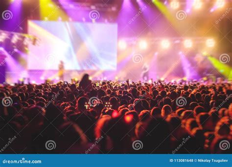 View Of Rock Concert Show In Big Concert Hall With Crowd And Stage