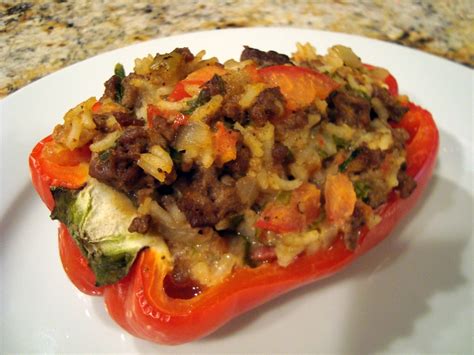 Layer in peppers, cheese and meat, ending with cheese. A Little Cooking: Stuffed Red Peppers