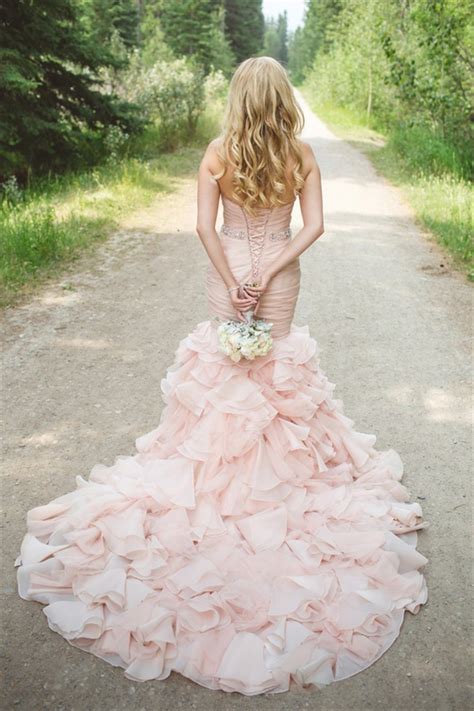 Stunning Mermaid Strapless Blush Pink Organza Ruffle Wedding Dress