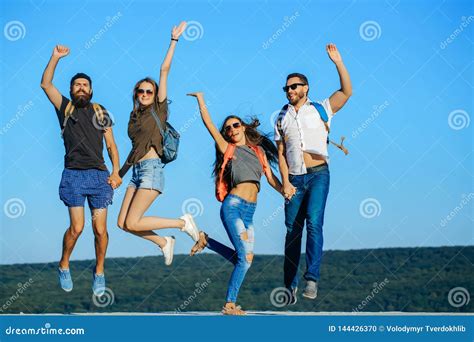 Fun Group Of Young People Jumping Stock Photo Image Of Excitement