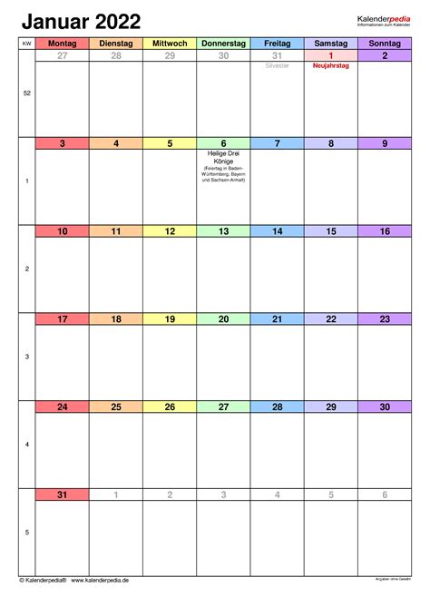 Kalender Januar 2022 Als Excel Vorlagen