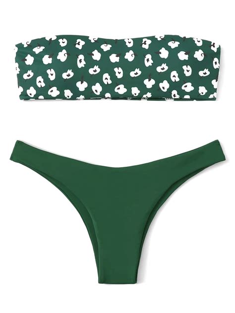 Green Floral Swimsuit Bandeau With Hipster Bikini Bottom Bikinis