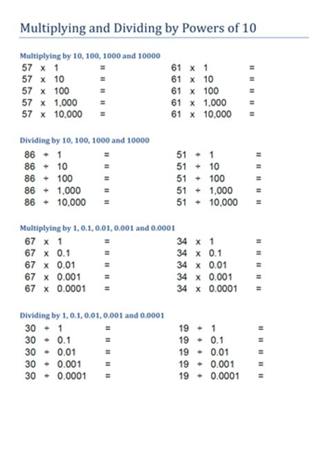 Multiplying And Dividing By Powers Of 10 Including 01 001 Etc By