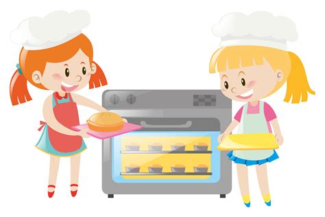 Two Girls Baking Pie In Oven Vector Art At Vecteezy