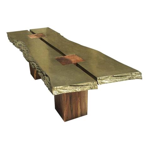 Blue Mahoe Wood Table With Brass Joints And Corten Steel Legs For Sale