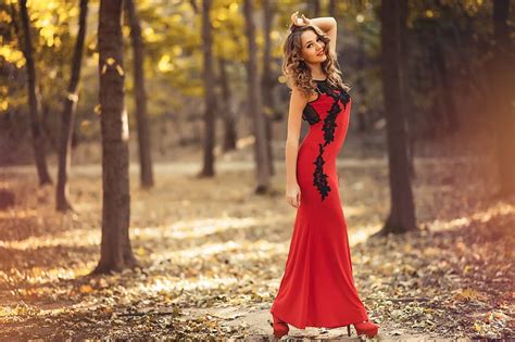 1080p free download unknown model model woods forest red dress woman babe lady leaves