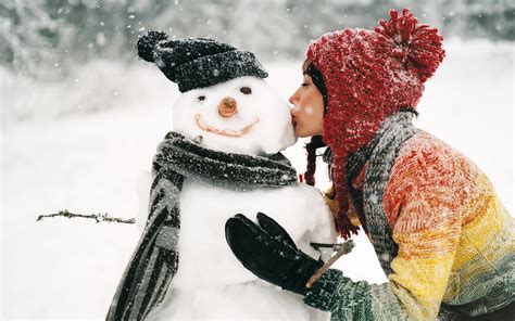 Brunette Girl Kiss Snowman Winter Snowfall 6936823
