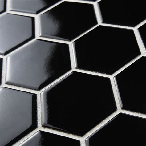 Elitetile Retro Hexagon 2 X 2 Porcelain Mosaic Tile In Glossy Black