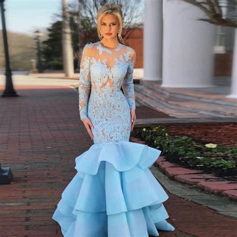 Light Sky Blue Mermaid Prom Gowns Long Sleeves Lace Organza Full Length