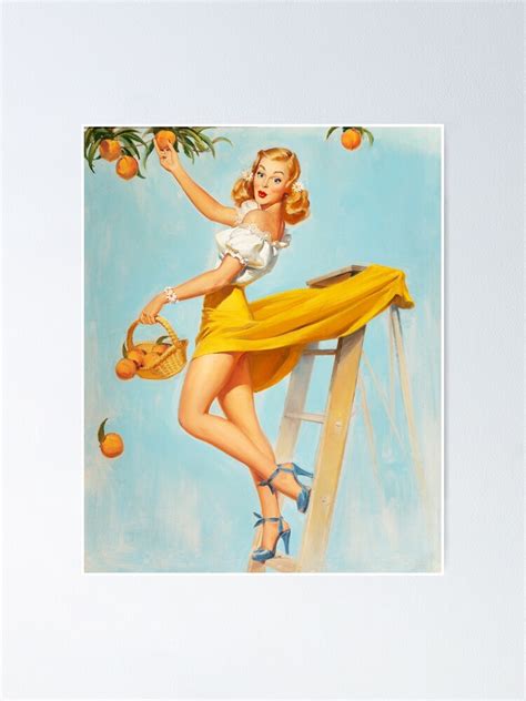 1950s picking peaches vintage pin up girl illustration art blonde leggy peach fruit summer