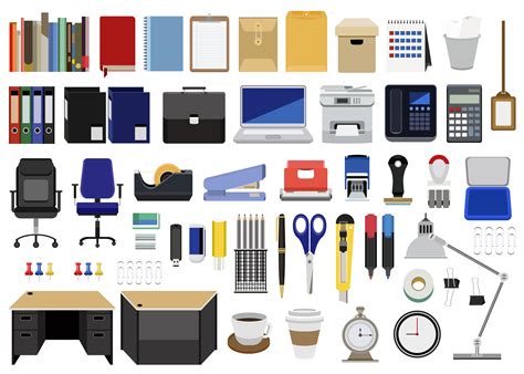 Collection Of Office Stationery Furnitures And Machines Isolated On