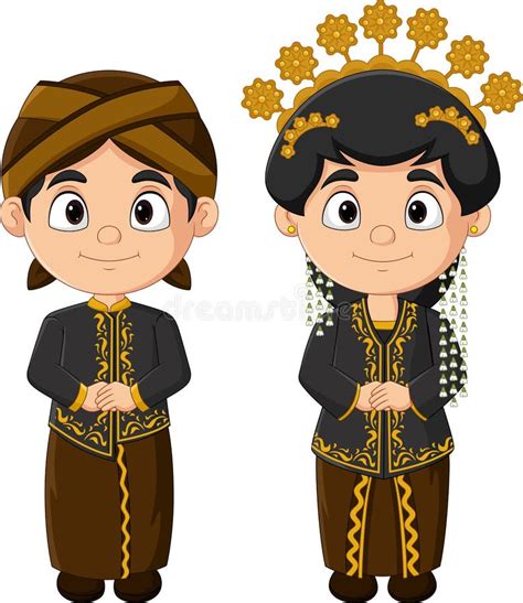 Cartoon Indonesian Couple Wearing Javanese Traditional Clothes Stock