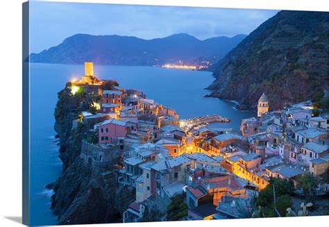 Italy Liguria Cinque Terre Vernazza At Dusk With Belforte Fort On