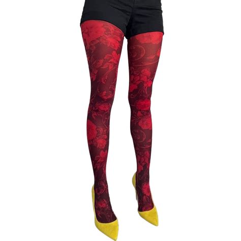 Red Floral Patterned Tights Malka Chic