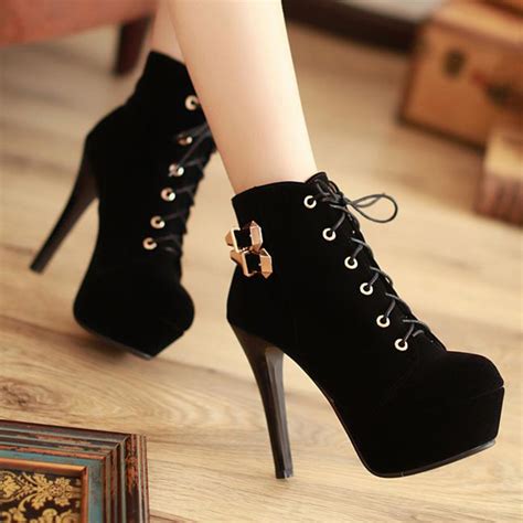 pure black round toe stiletto heel lace up boots on luulla