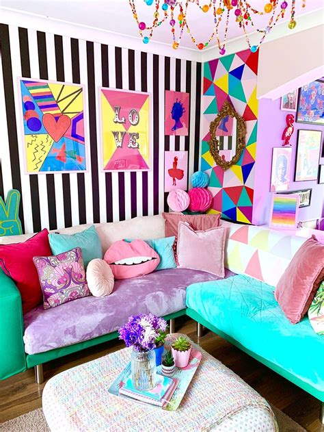 Colourful And Quirky Living Room With Black And White Monochrome Stripy