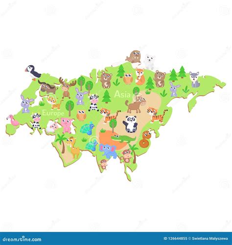 Map Of Eurasia With Cartoon Animals For Kids Stock Illustration