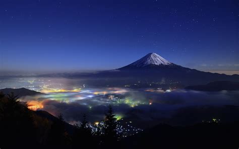 Fond Décran Japon Des Arbres Paysage Lumières Montagnes Mont
