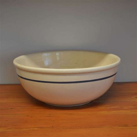 Vintage Pottery Extra Large Dough Bowl Mixing Bowl Cream With Blue Str
