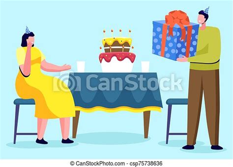 People giving presents, celebration holiday vector. Birthday party, smiling man giving big ...