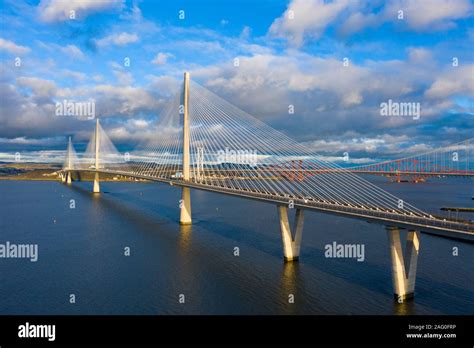 Aerial View Of The Queensferry Crossing Bridge Spanning The Firth Of