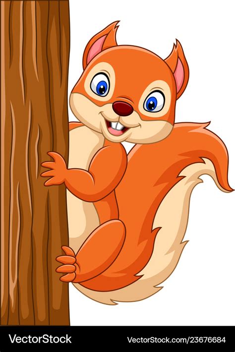 Cartoon Cute Squirrel Climbing On A Tree Vector Image