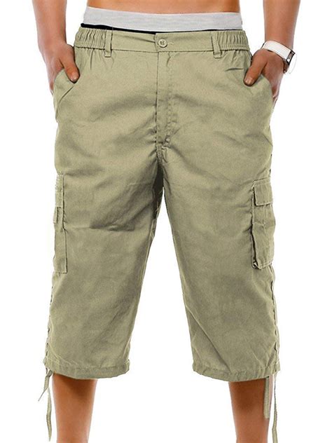 Mens Cargo Combat 34 Length Shorts Elasticated Waist Trousers Cropped