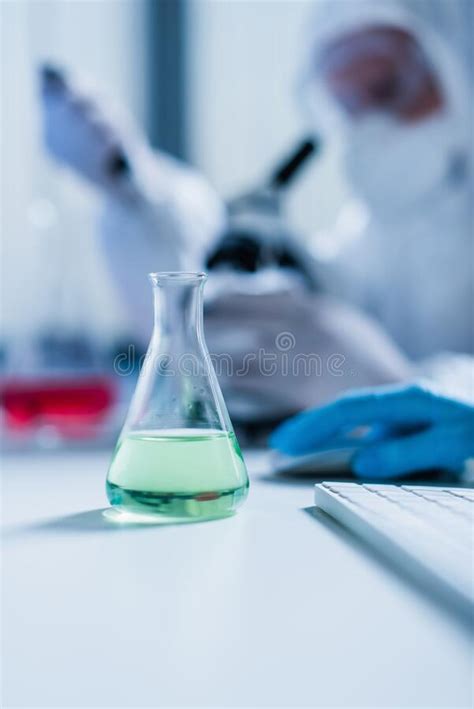 Selective Focus Of Flask With Liquid Stock Image Image Of