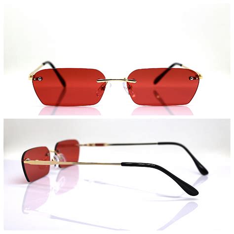 occhiali da sole uomo donna senza montatura rettangolare oro lente rossa rimless sunglasses
