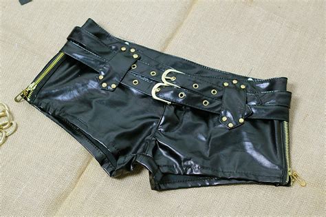 Sexy Faux Leather Shorts Double Sashes Low Rise Waist Micro Mini Zipper Open Night Culb Wear